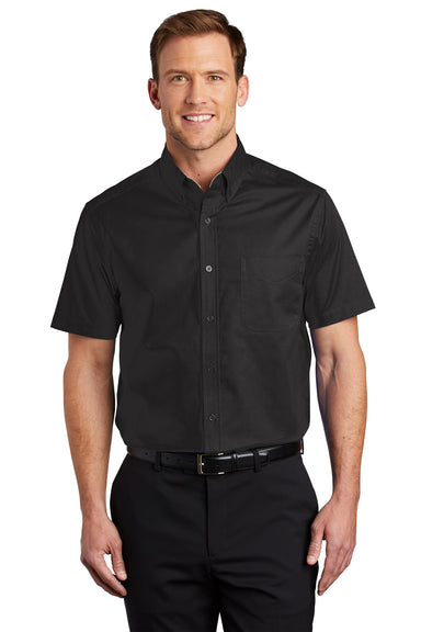 Port Authority S508/TLS508 Mens Easy Care Wrinkle Resistant Short Sleeve Button Down Shirt w/ Pocket Black Front