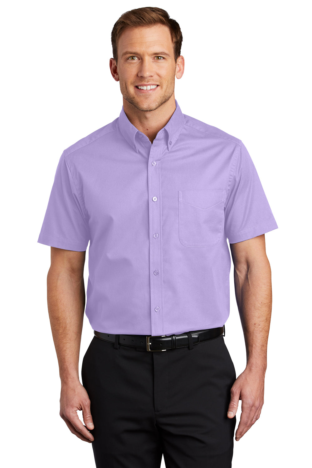 Port Authority S508/TLS508 Mens Easy Care Wrinkle Resistant Short Sleeve Button Down Shirt w/ Pocket Bright Lavender Purple Front
