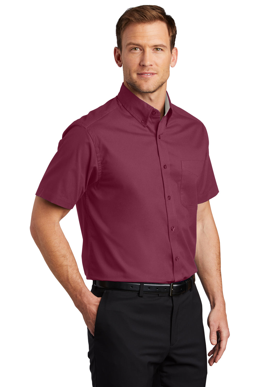 Port Authority S508/TLS508 Mens Easy Care Wrinkle Resistant Short Sleeve Button Down Shirt w/ Pocket Burgundy 3Q
