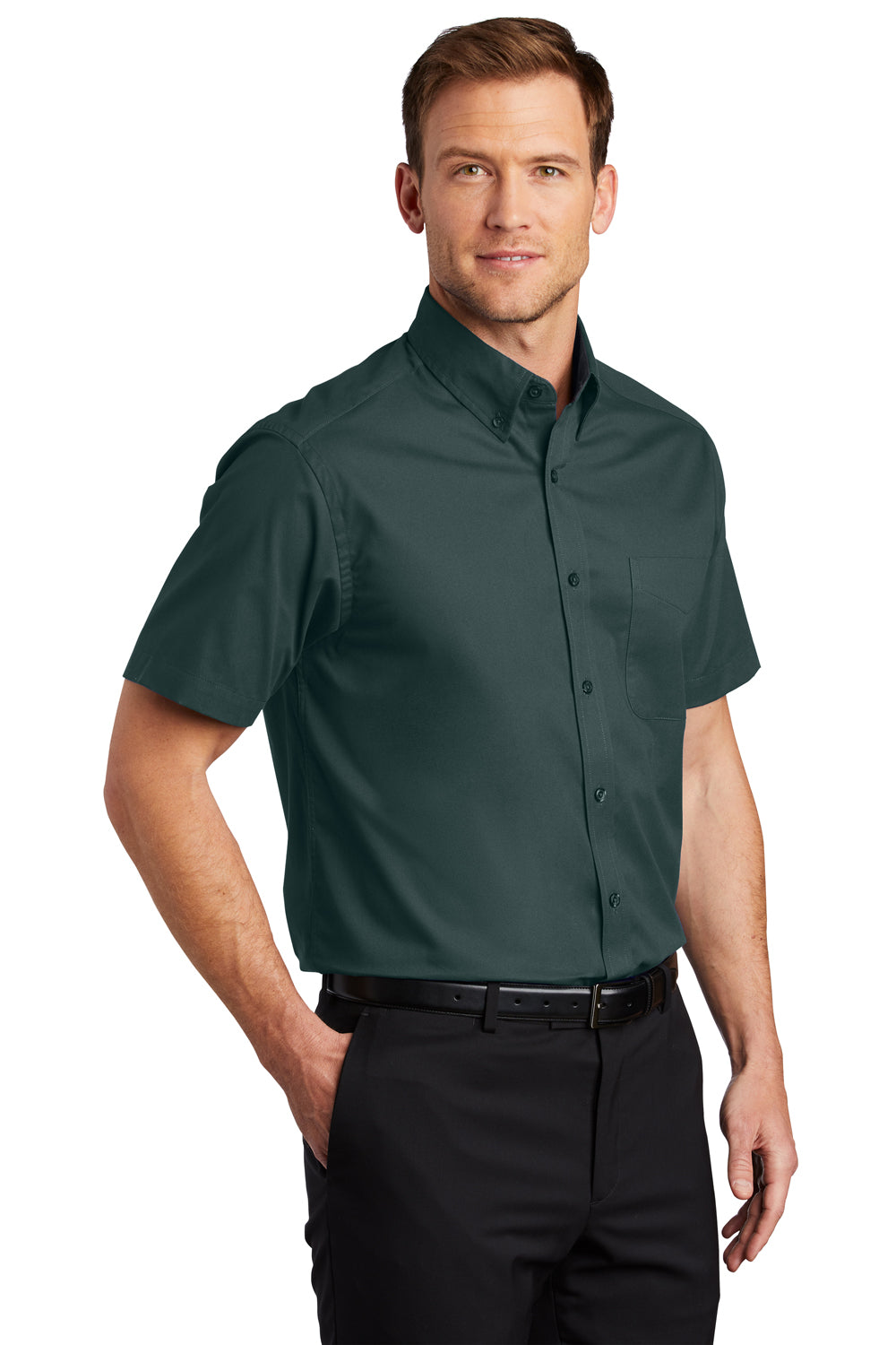 Port Authority S508/TLS508 Mens Easy Care Wrinkle Resistant Short Sleeve Button Down Shirt w/ Pocket Dark Green 3Q
