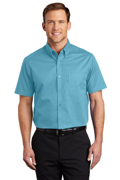 Port Authority S508/TLS508 Mens Easy Care Wrinkle Resistant Short Sleeve Button Down Shirt w/ Pocket Maui Blue Front