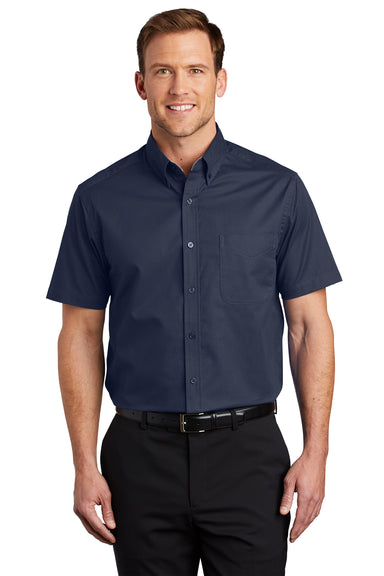 Port Authority S508/TLS508 Mens Easy Care Wrinkle Resistant Short Sleeve Button Down Shirt w/ Pocket Navy Blue Front