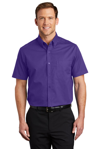 Port Authority S508/TLS508 Mens Easy Care Wrinkle Resistant Short Sleeve Button Down Shirt w/ Pocket Purple Front