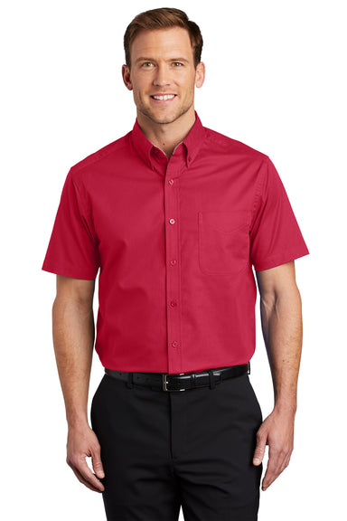 Port Authority S508/TLS508 Mens Easy Care Wrinkle Resistant Short Sleeve Button Down Shirt w/ Pocket Red Front