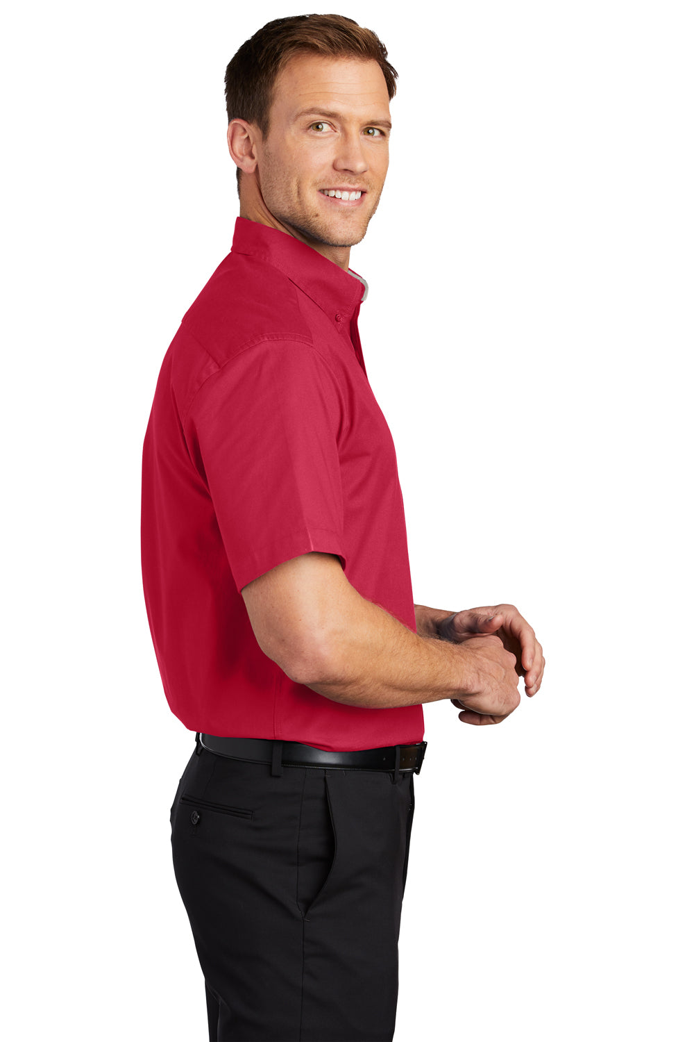 Port Authority S508/TLS508 Mens Easy Care Wrinkle Resistant Short Sleeve Button Down Shirt w/ Pocket Red Side
