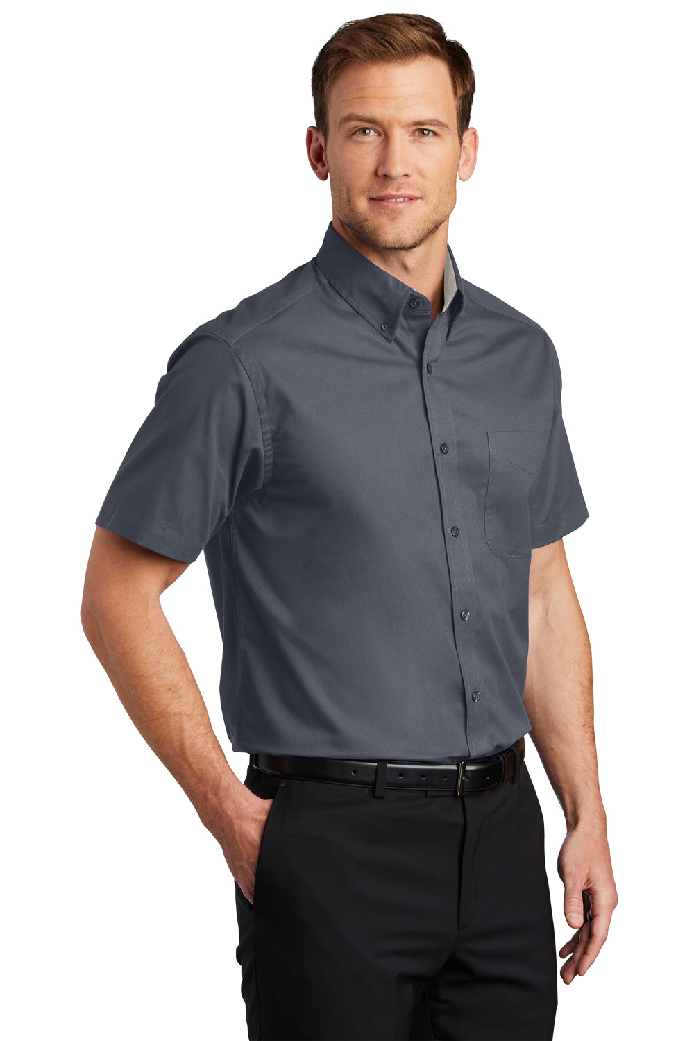 Port Authority S508/TLS508 Mens Easy Care Wrinkle Resistant Short Sleeve Button Down Shirt w/ Pocket Steel Grey 3Q