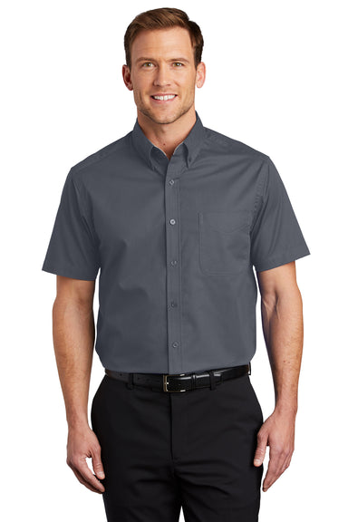 Port Authority S508/TLS508 Mens Easy Care Wrinkle Resistant Short Sleeve Button Down Shirt w/ Pocket Steel Grey Front