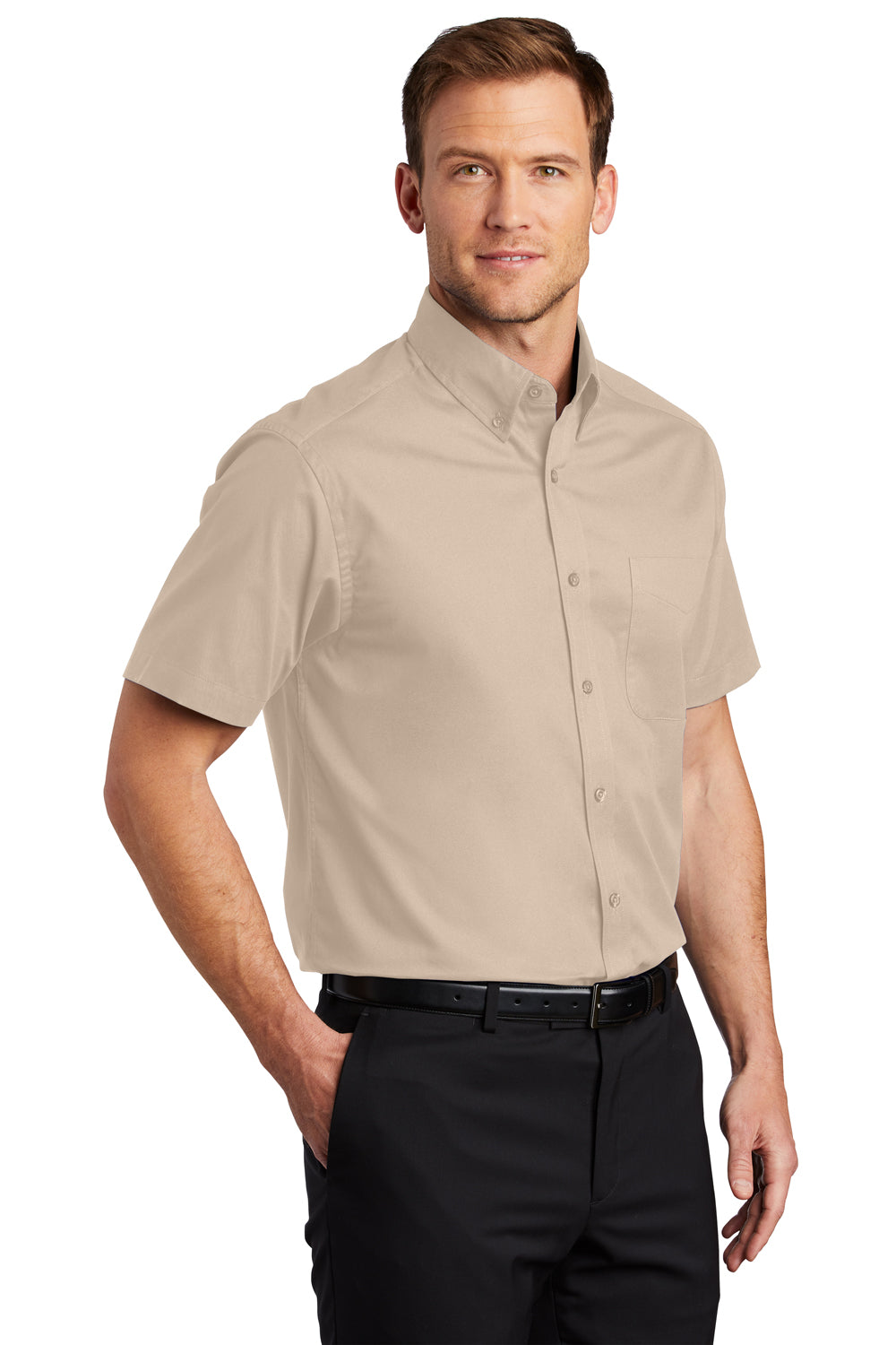 Port Authority S508/TLS508 Mens Easy Care Wrinkle Resistant Short Sleeve Button Down Shirt w/ Pocket Stone 3Q