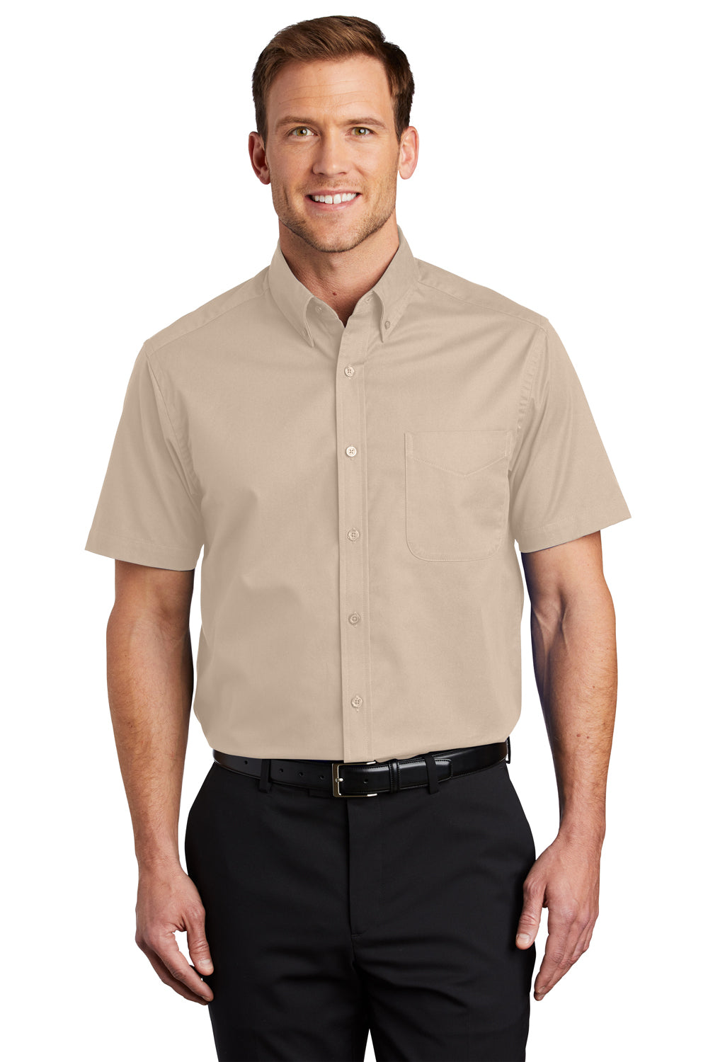 Port Authority S508/TLS508 Mens Easy Care Wrinkle Resistant Short Sleeve Button Down Shirt w/ Pocket Stone Front