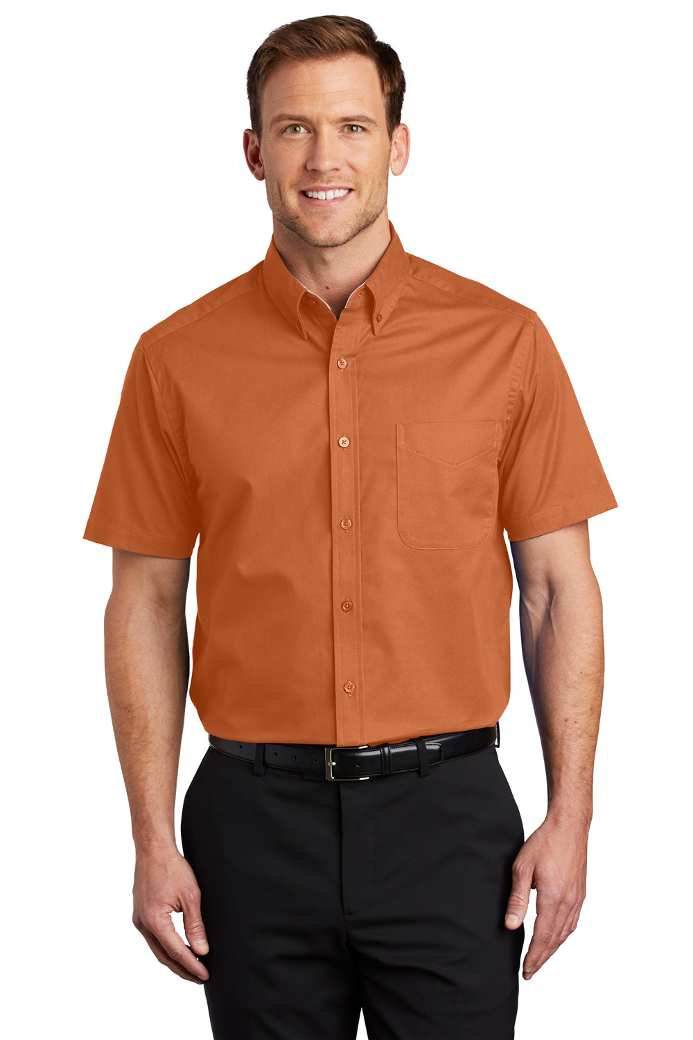 Port Authority S508/TLS508 Mens Easy Care Wrinkle Resistant Short Sleeve Button Down Shirt w/ Pocket Texas Orange Front