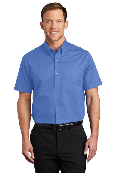 Port Authority S508/TLS508 Mens Easy Care Wrinkle Resistant Short Sleeve Button Down Shirt w/ Pocket Ultramarine Blue Front