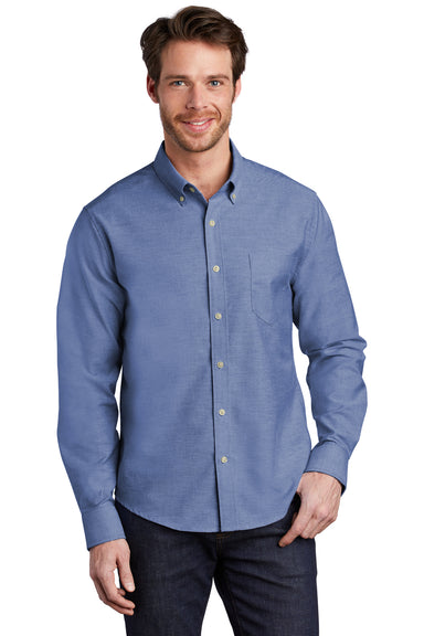 Port Authority Mens SuperPro Long Sleeve Button Down Shirt Navy Blue Front