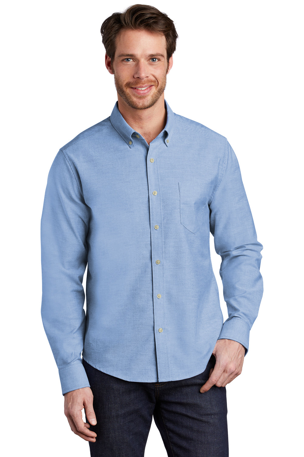 Port Authority Mens SuperPro Long Sleeve Button Down Shirt Oxford Blue Front