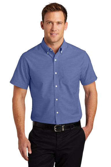 Port Authority S659 Mens SuperPro Oxford Wrinkle Resistant Short Sleeve Button Down Shirt w/ Pocket Navy Blue Front