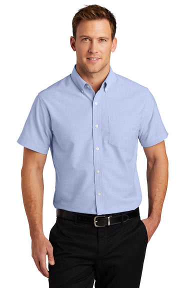 Port Authority S659 Mens SuperPro Oxford Wrinkle Resistant Short Sleeve Button Down Shirt w/ Pocket Oxford Blue Front