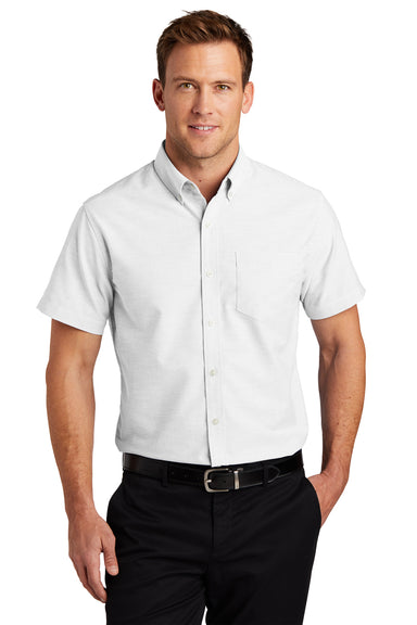 Port Authority S659 Mens SuperPro Oxford Wrinkle Resistant Short Sleeve Button Down Shirt w/ Pocket White Front