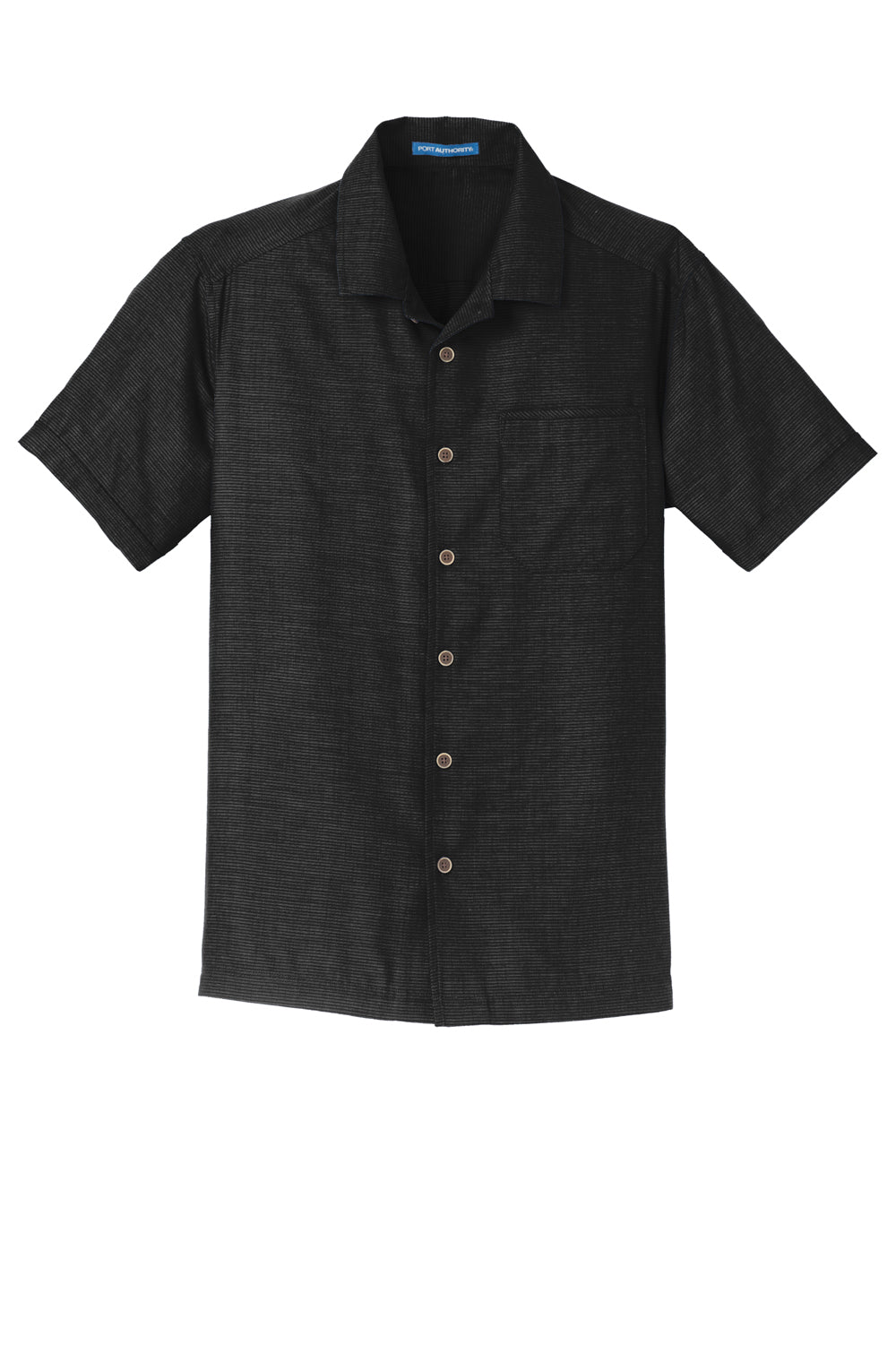 Port Authority S662 Wrinkle Resistant Short Sleeve Button Down Camp Shirt w/ Pocket Black Flat Front