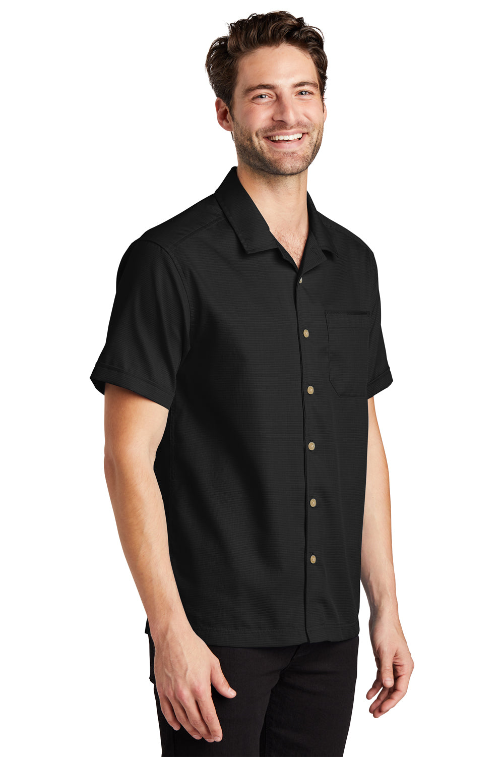Port Authority S662 Wrinkle Resistant Short Sleeve Button Down Camp Shirt w/ Pocket Black 3Q
