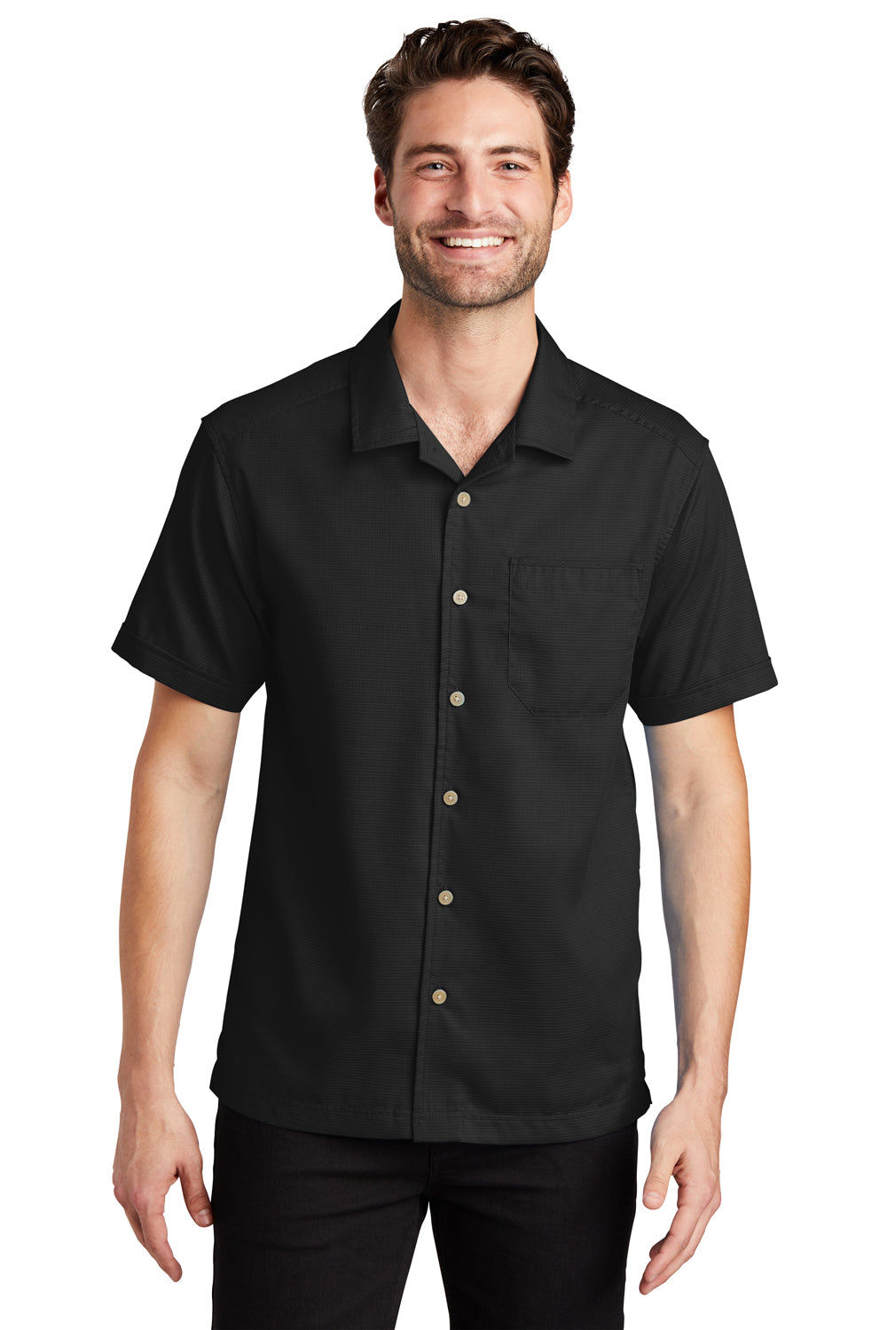 Port Authority S662 Mens Wrinkle Resistant Short Sleeve Button Down Camp Shirt w/ Pocket Black Front