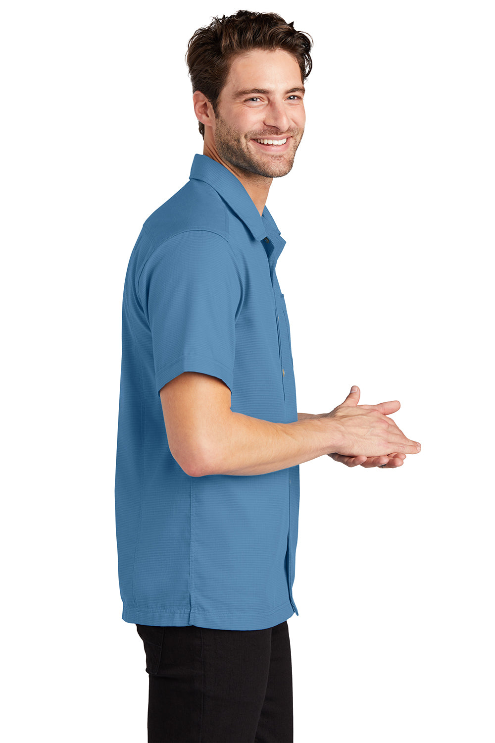 Port Authority S662 Mens Wrinkle Resistant Short Sleeve Button Down Camp Shirt w/ Pocket Celadon Blue SIde