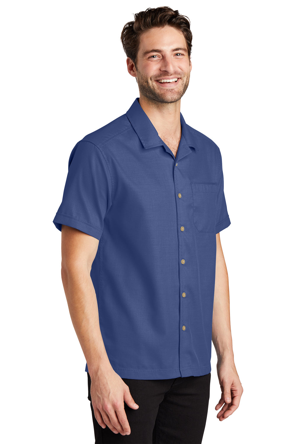 Port Authority S662 Wrinkle Resistant Short Sleeve Button Down Camp Shirt w/ Pocket Royal Blue 3Q