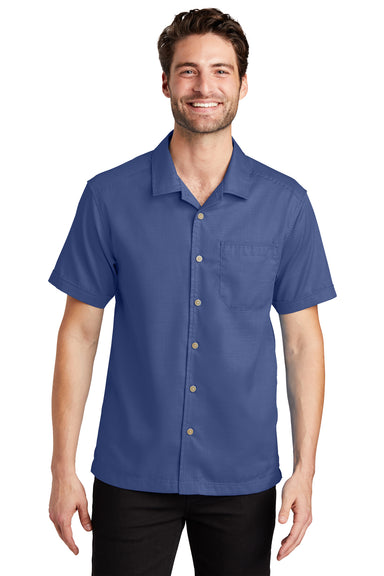 Port Authority S662 Mens Wrinkle Resistant Short Sleeve Button Down Camp Shirt w/ Pocket Royal Blue Front