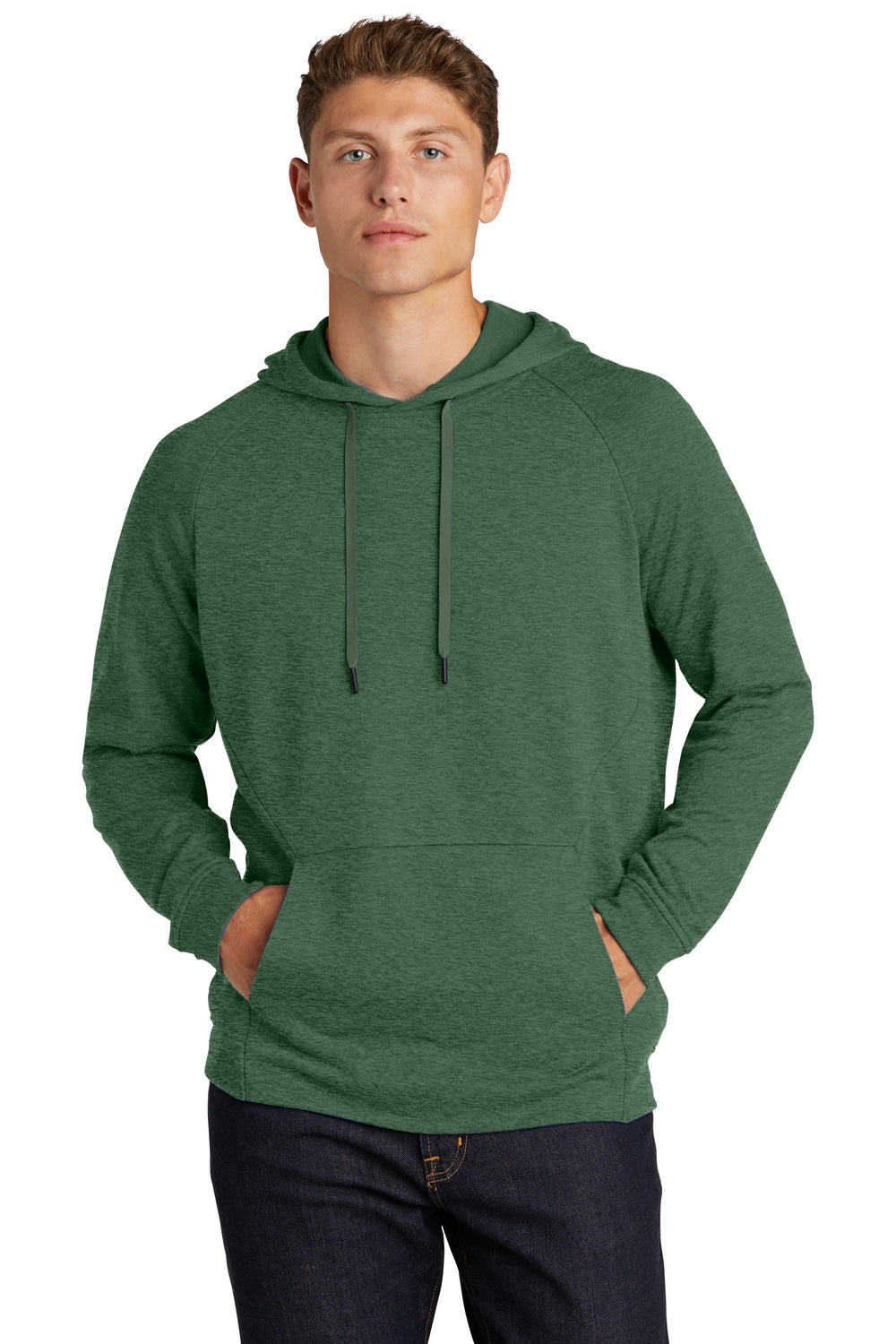 Sport-Tek Mens French Terry Hooded Sweatshirt Hoodie Heather Forest Green Front