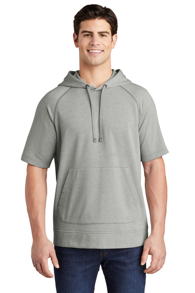 Sport-Tek Mens Moisture Wicking Fleece Short Sleeve Hooded Sweatshirt Hoodie Heather Light Grey Front