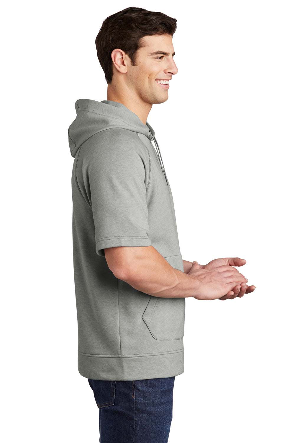 Sport-Tek Mens Moisture Wicking Fleece Short Sleeve Hooded Sweatshirt Hoodie Heather Light Grey Side