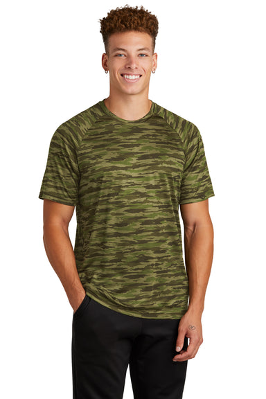Sport-Tek Mens Drift Camo Short Sleeve Crewneck T-Shirt Olive Drab Green Front