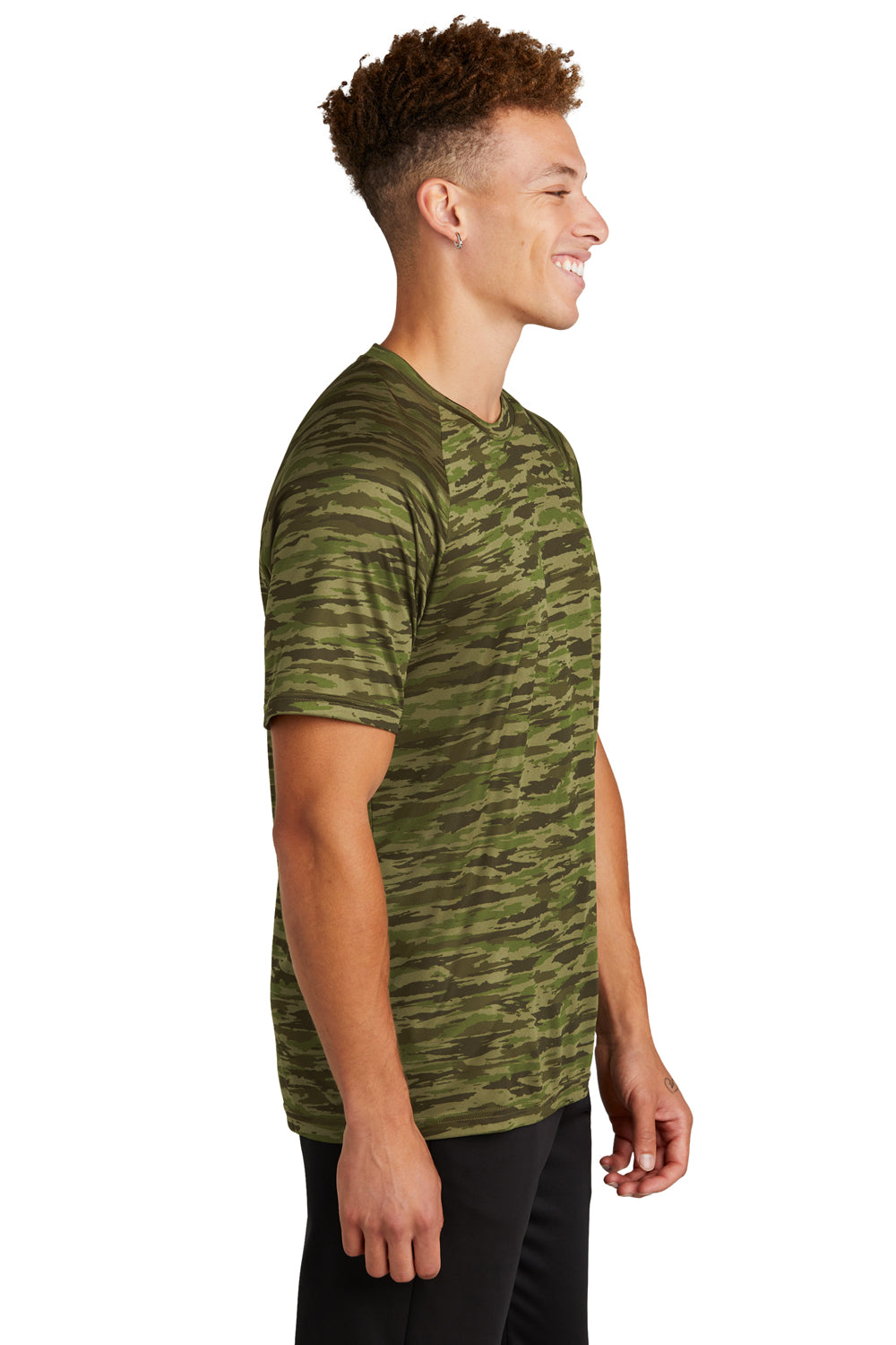 Sport-Tek Mens Drift Camo Short Sleeve Crewneck T-Shirt Olive Drab Green Side