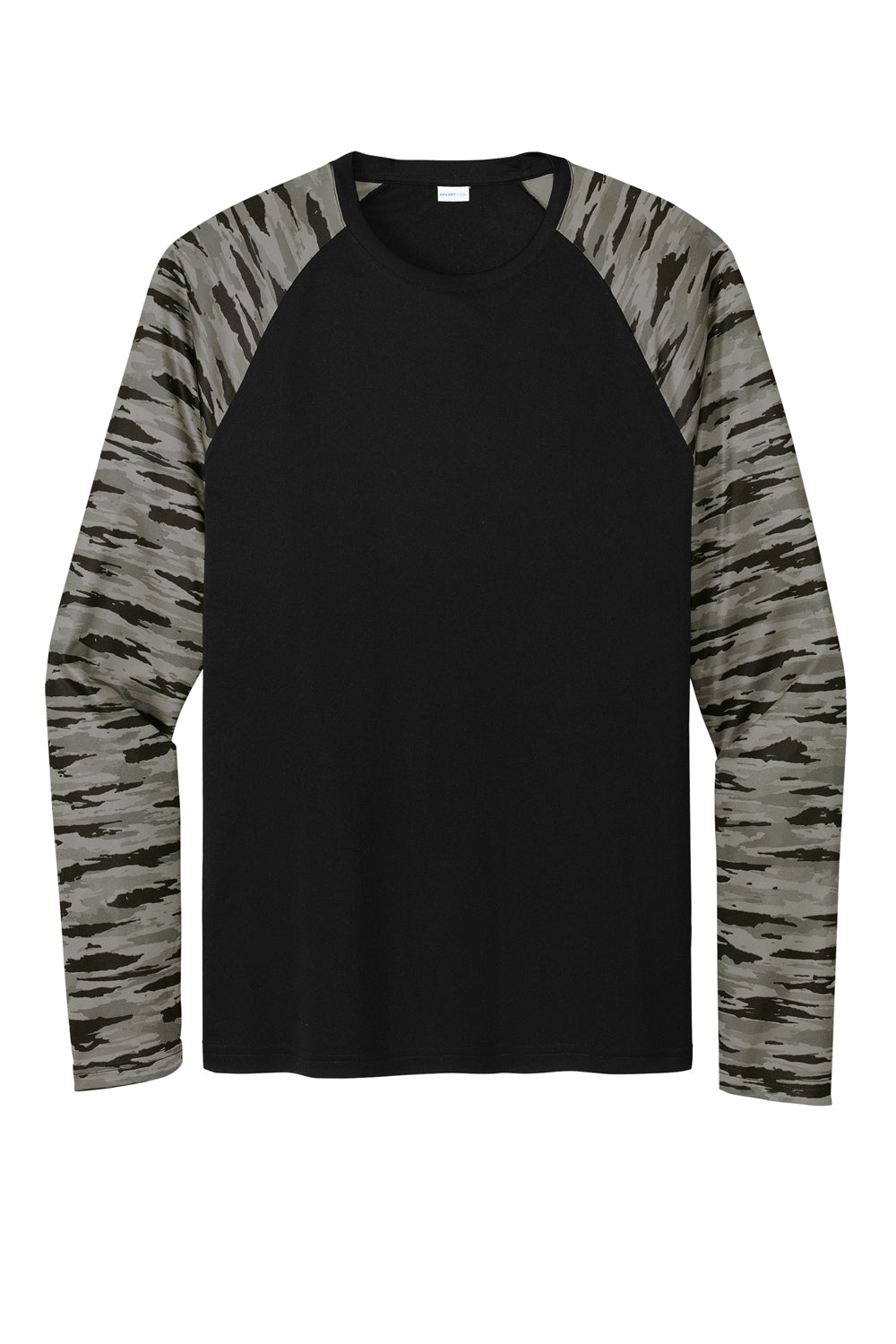 Sport-Tek Mens Drift Camo Colorblock Long Sleeve Crewneck T-Shirt Black Flat Front