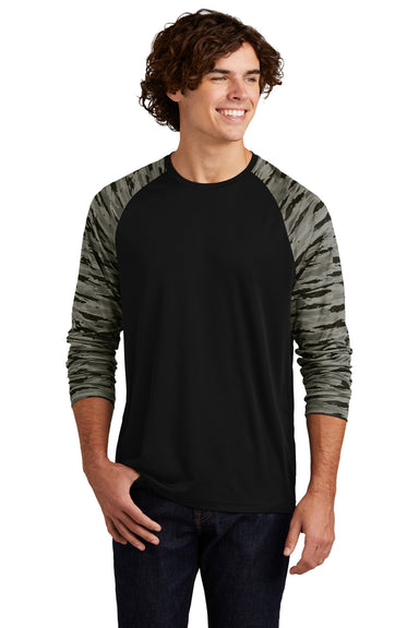 Sport-Tek Mens Drift Camo Colorblock Long Sleeve Crewneck T-Shirt Black Front