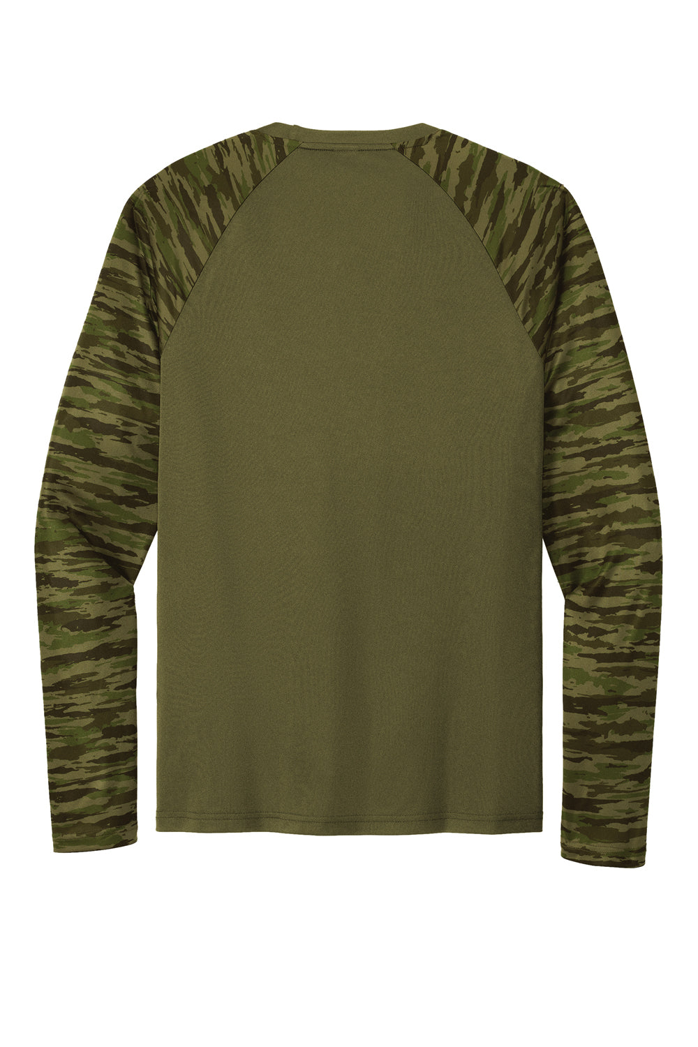 Sport-Tek Mens Drift Camo Colorblock Long Sleeve Crewneck T-Shirt Olive Drab Green Flat Back