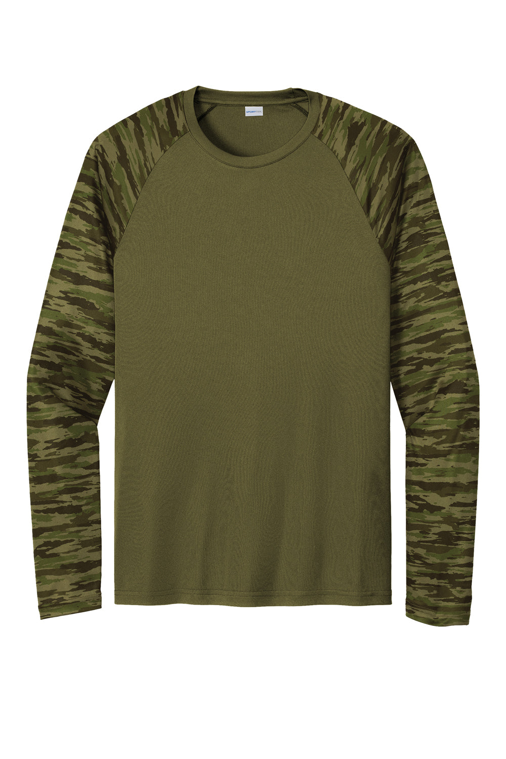 Sport-Tek Mens Drift Camo Colorblock Long Sleeve Crewneck T-Shirt Olive Drab Green Flat Front