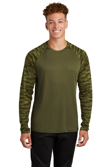 Sport-Tek Mens Drift Camo Colorblock Long Sleeve Crewneck T-Shirt Olive Drab Green Front