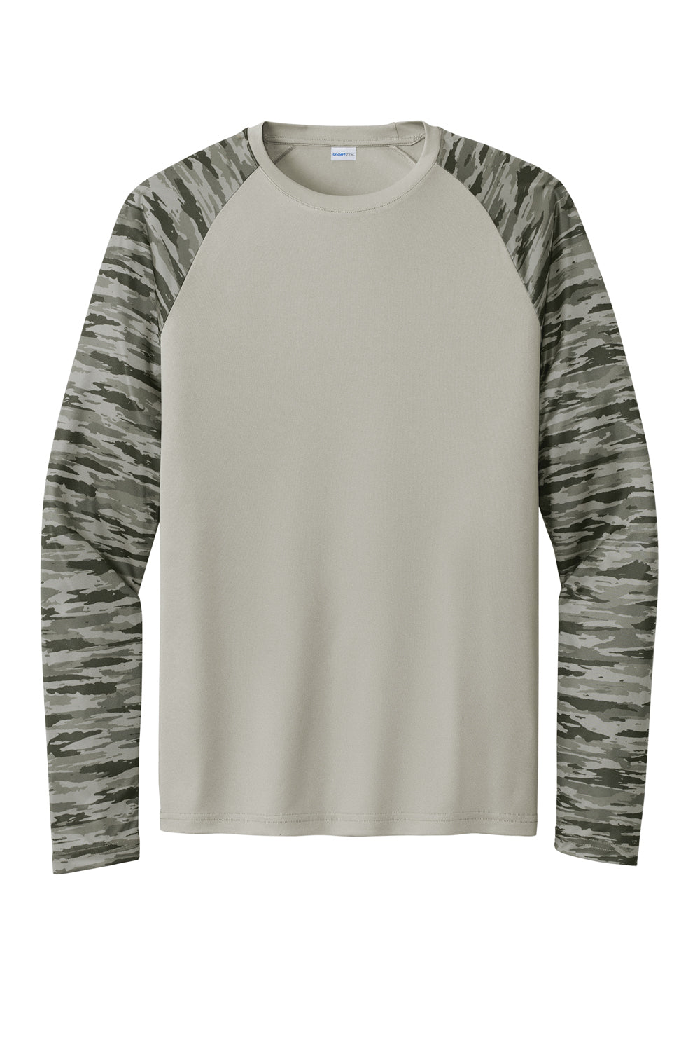 Sport-Tek Mens Drift Camo Colorblock Long Sleeve Crewneck T-Shirt Silver Grey Flat Front
