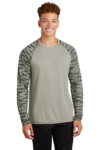 Sport-Tek Mens Drift Camo Colorblock Long Sleeve Crewneck T-Shirt Silver Grey Front