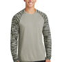 Sport-Tek Mens Drift Camo Colorblock Moisture Wicking Long Sleeve Crewneck T-Shirt - Silver Grey