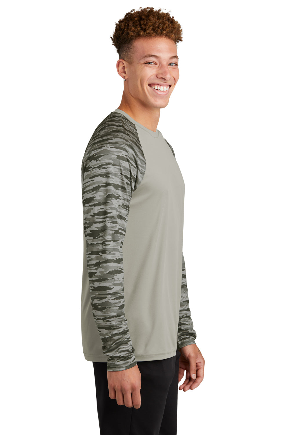 Sport-Tek Mens Drift Camo Colorblock Long Sleeve Crewneck T-Shirt Silver Grey Side