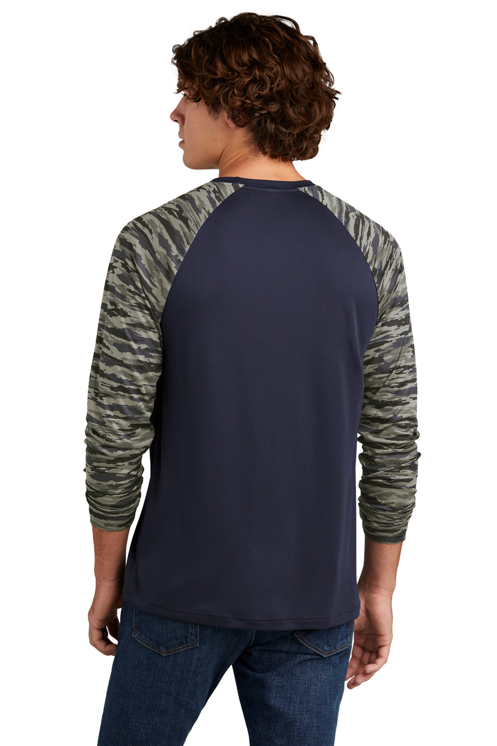Sport-Tek Mens Drift Camo Colorblock Long Sleeve Crewneck T-Shirt True Navy Blue Back