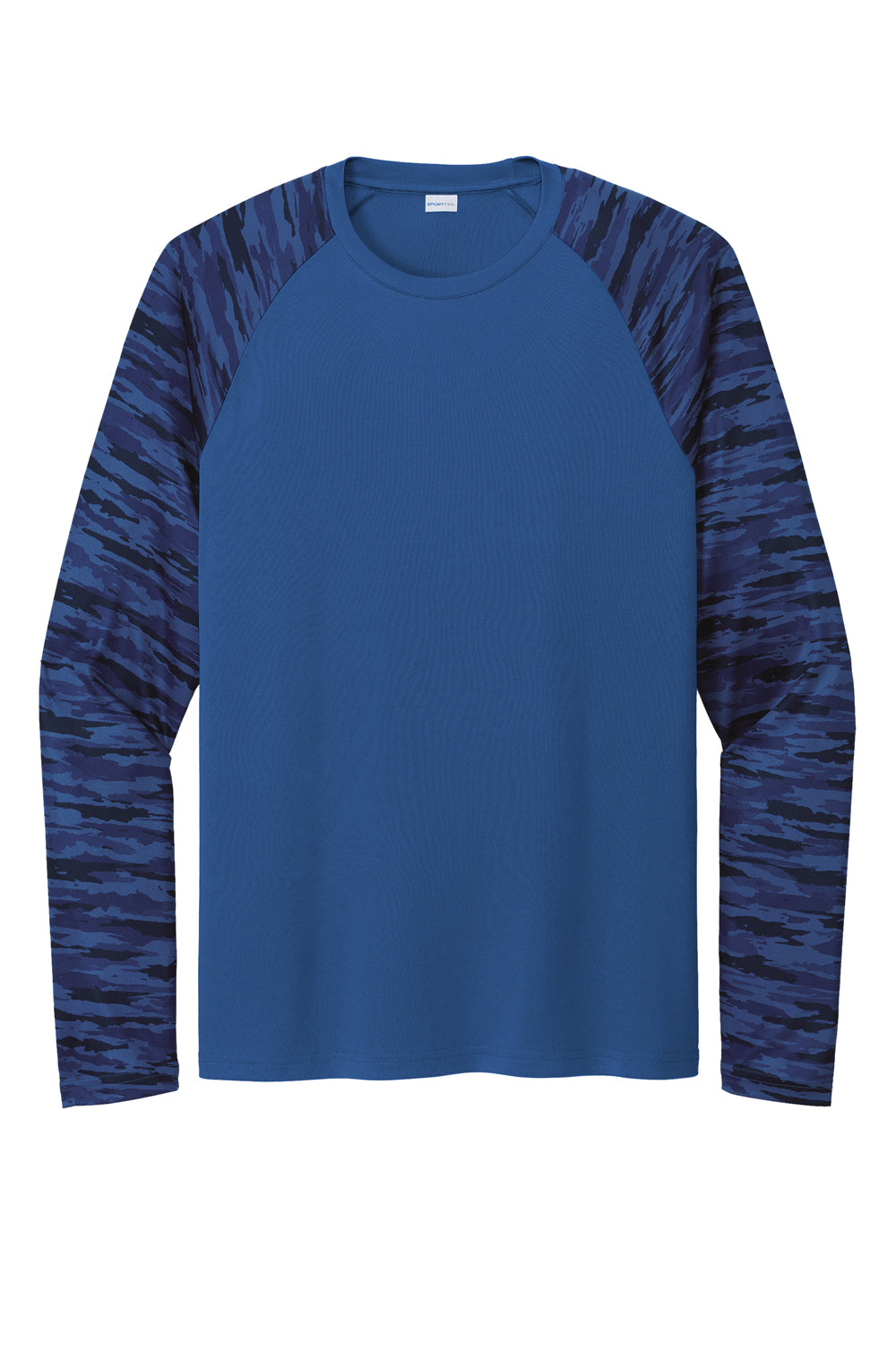 Sport-Tek Mens Drift Camo Colorblock Long Sleeve Crewneck T-Shirt True Royal Blue Flat Front