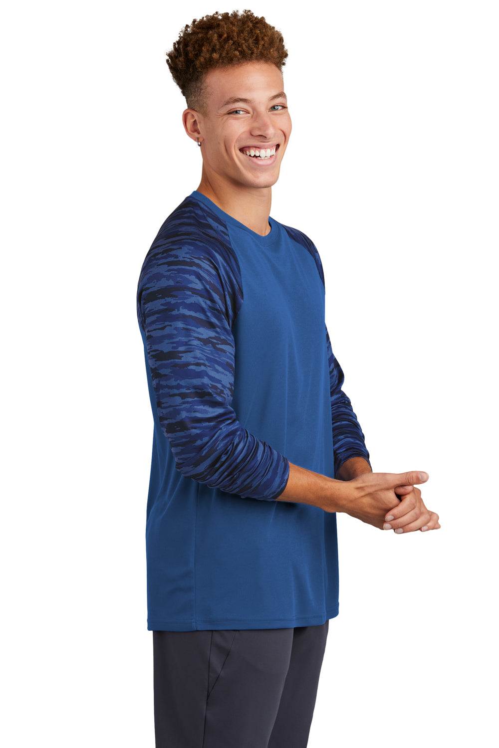Sport-Tek Mens Drift Camo Colorblock Long Sleeve Crewneck T-Shirt True Royal Blue Side