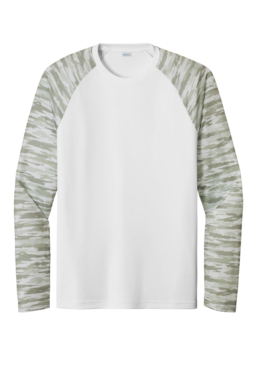 Sport-Tek Mens Drift Camo Colorblock Long Sleeve Crewneck T-Shirt White Flat Front
