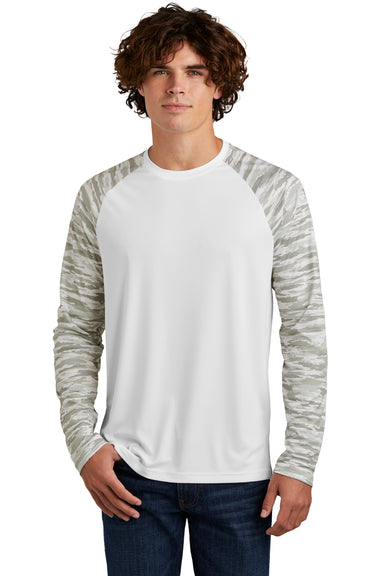 Sport-Tek Mens Drift Camo Colorblock Long Sleeve Crewneck T-Shirt White Front