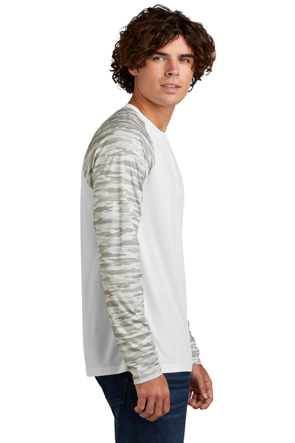 Sport-Tek Mens Drift Camo Colorblock Long Sleeve Crewneck T-Shirt White Side