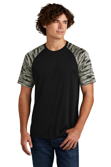 Sport-Tek Mens Drift Camo Colorblock Short Sleeve Crewneck T-Shirt Black Front