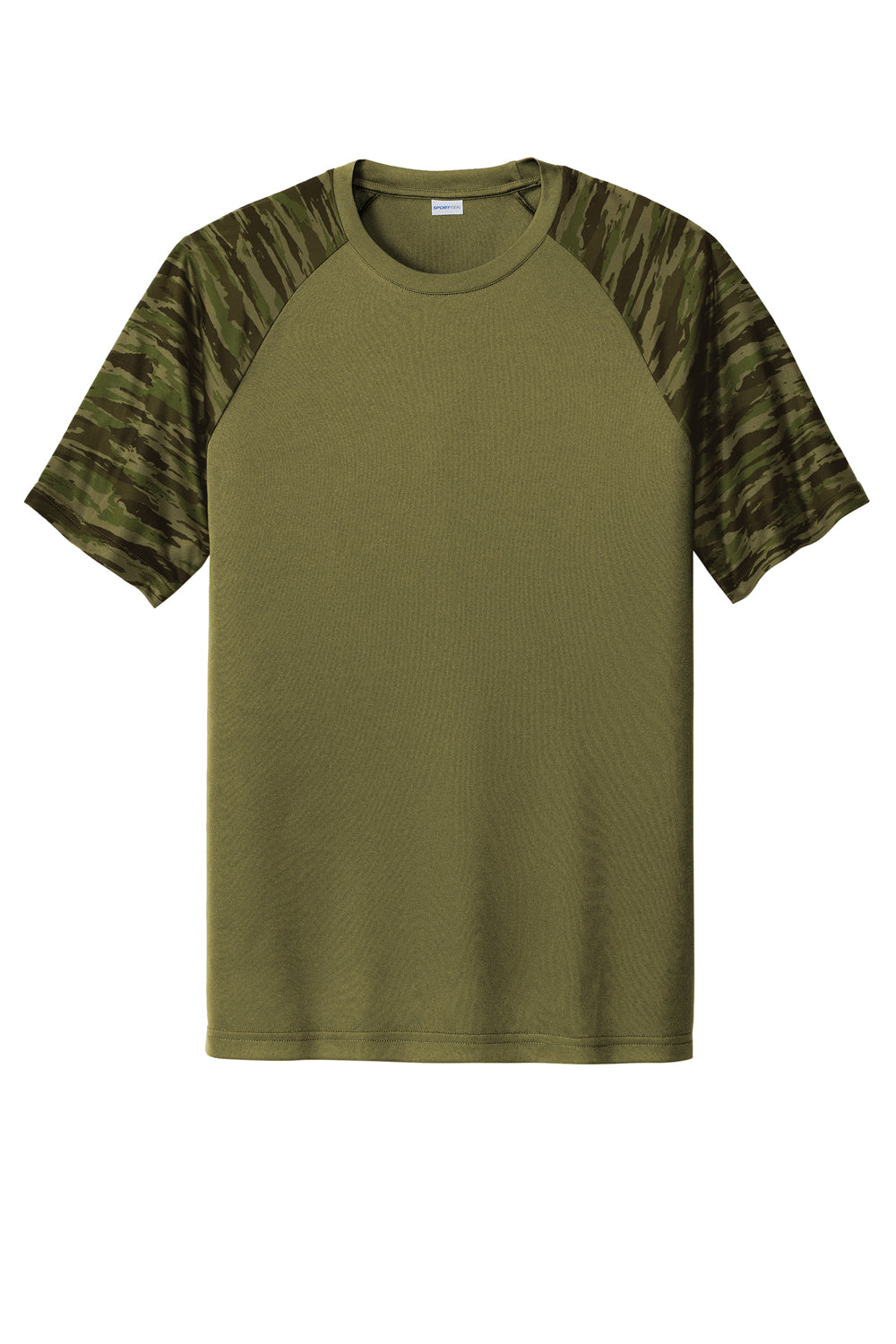 Sport-Tek Mens Drift Camo Colorblock Short Sleeve Crewneck T-Shirt Olive Drab Green Flat Front