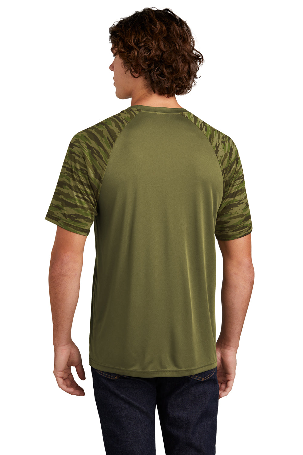 Sport-Tek Mens Drift Camo Colorblock Short Sleeve Crewneck T-Shirt Olive Drab Green Back