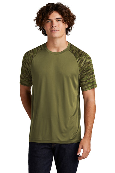 Sport-Tek Mens Drift Camo Colorblock Short Sleeve Crewneck T-Shirt Olive Drab Green Front